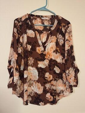 Maurices Brown Floral Split-Neck Blouse with Cream and Peach Accents